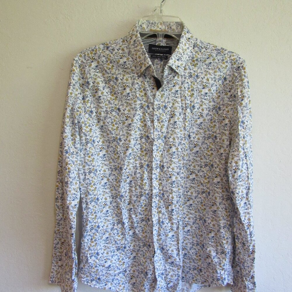Denim & Flower Ricky Singh Floral Pattern Blue M Long Sleeve Casual Shirt
